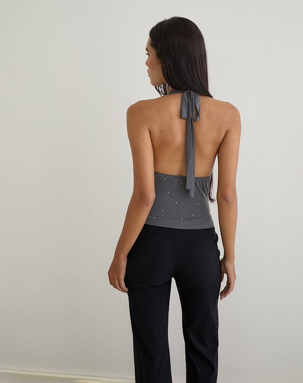 Motel Rocks Minova Cowl Neck Top In Cupro Diamante Dark Grey