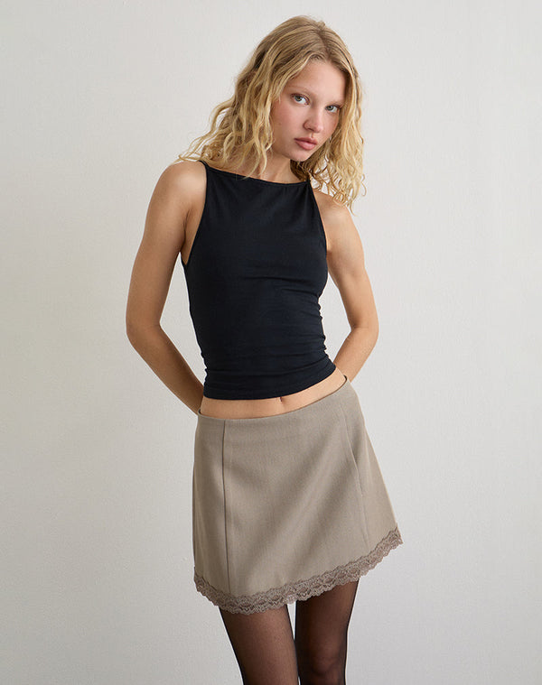 motel rocks Minya Mini Skrt with Lace Trim in Taupe
