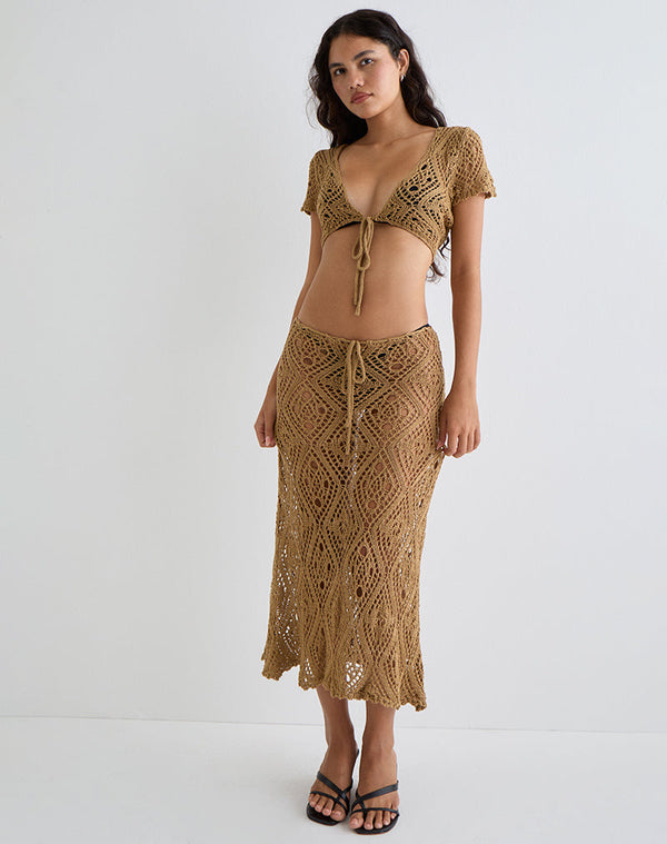 Motel Rocks Mirea Grown On Sleeve Shrug Top In Crochet Camel