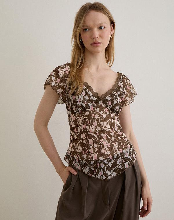 Motel Rocks Misaki Top In Chiffon Polka Flower Brown