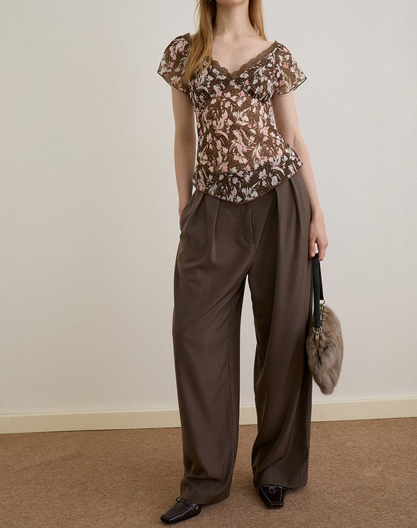 Motel Rocks Misaki Top In Chiffon Polka Flower Brown