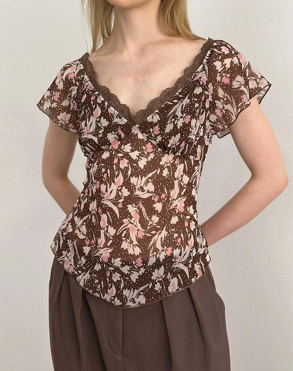motel rocks Misaki Top in Chiffon Polka Flower Brown