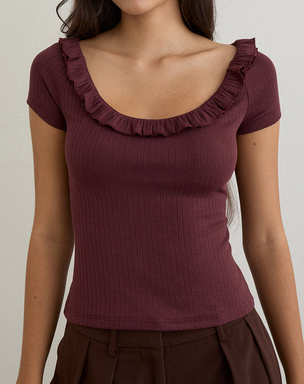 Motel Rocks Mitali Top With Ruffle In Pointelle Burgundy