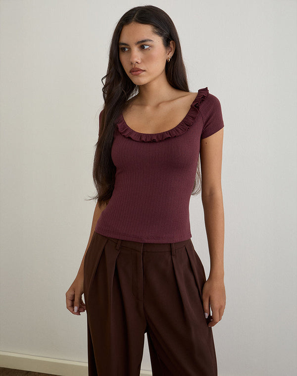 Motel Rocks Mitali Top With Ruffle In Pointelle Burgundy
