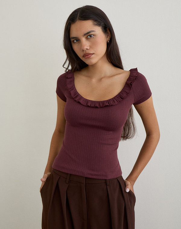 motel rocks Mitali Top with Ruffle in Pointelle Burgundy