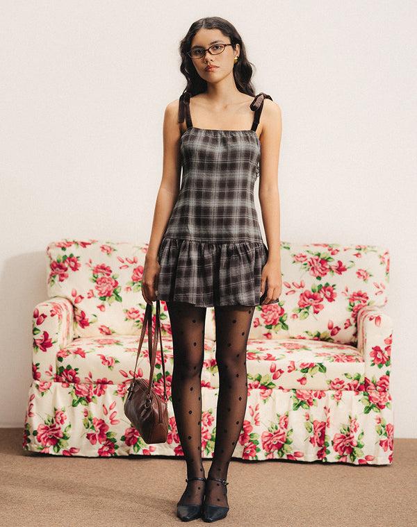 Motel Rocks Miyori Square Neck Mini Dress In Grey Check
