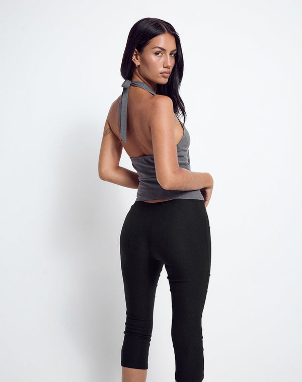 Motel Rocks Miyuki Tie Front Halterneck Top In Charcoal Grey