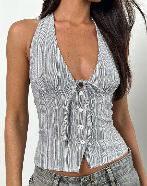 Motel Rocks Miyuki Tie Front Halterneck Top In Woven Stripe Grey