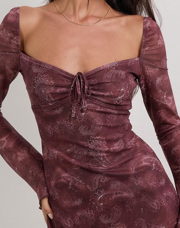 Motel Rocks Modena Long Sleeve Mini Dress In Tonal Paisley Plum