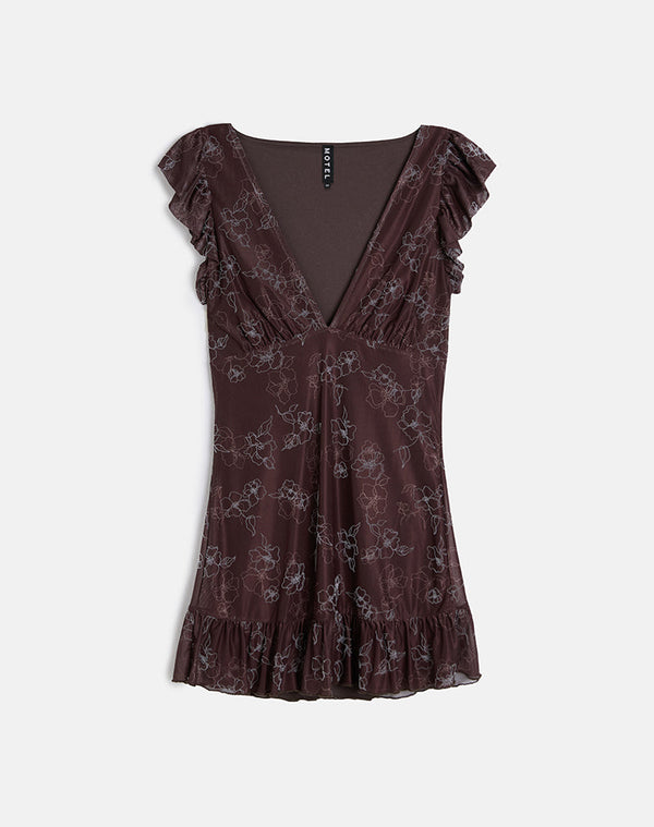 Motel Rocks Motarika Mini Dress In Doodle Flower Flock Brown