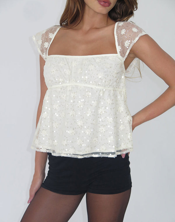 motel rocks Aloysia Top in Sequin Lace Ivory
