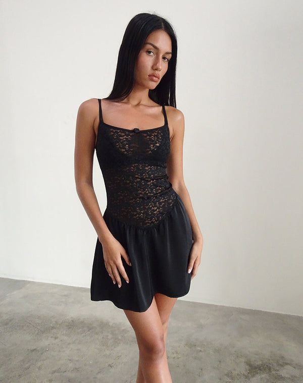 Motel Rocks Alunan Slip Dress In Satin Lace Black