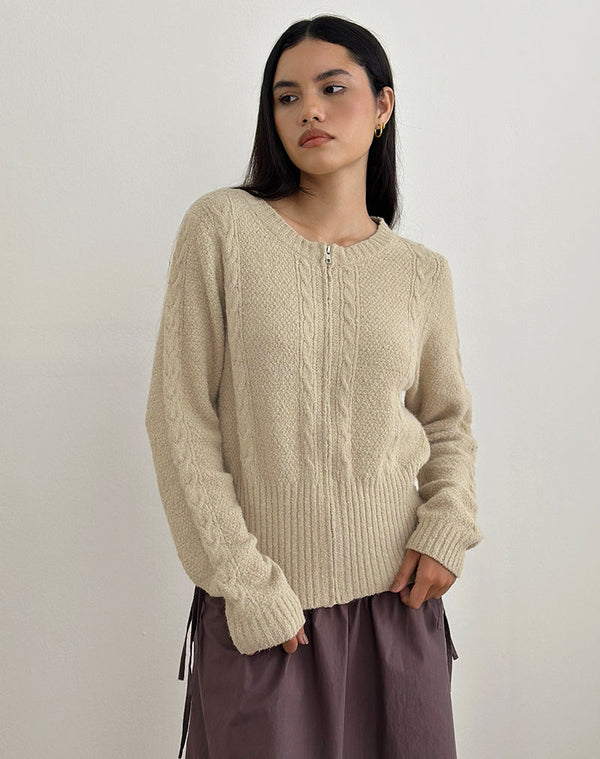 Motel Rocks Anitra Cardigan In Cable Knit Beige