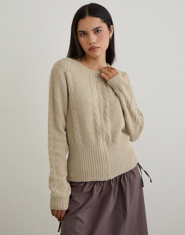 motel rocks Anitra Cardigan in Cable Knit Beige