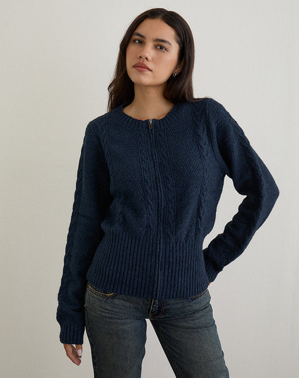Motel Rocks Anitra Cardigan In Cable Knit Navy