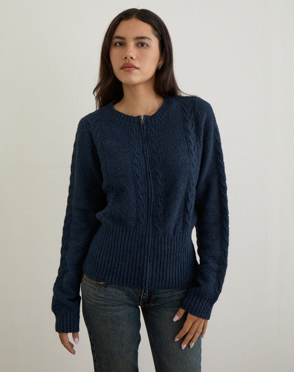 Motel Rocks Anitra Cardigan In Cable Knit Navy