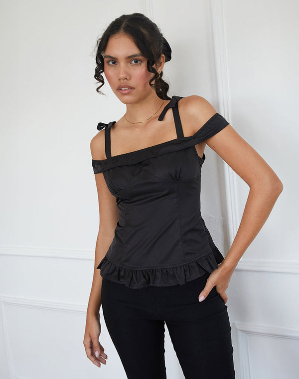 Motel Rocks Anneli Frill Hem Top In Black