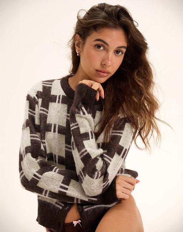Motel Rocks Anzio Knitted Cardigan In Check Brown