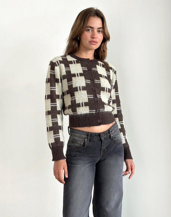 Motel Rocks Anzio Knitted Cardigan In Check Brown