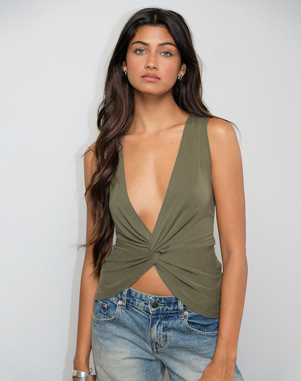 motel rocks Arlys Twist Detail Top in Cupro Khaki