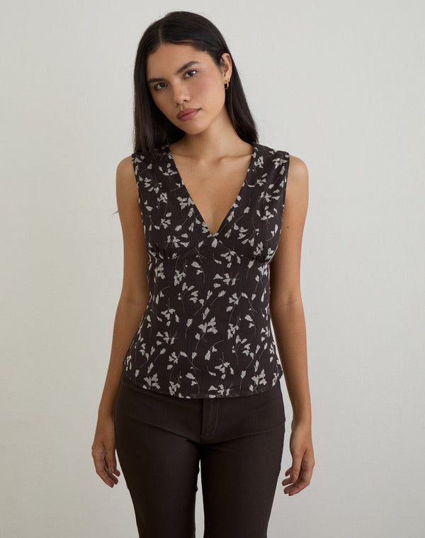 Motel Rocks Asali Top In Flower Chiffon Brown