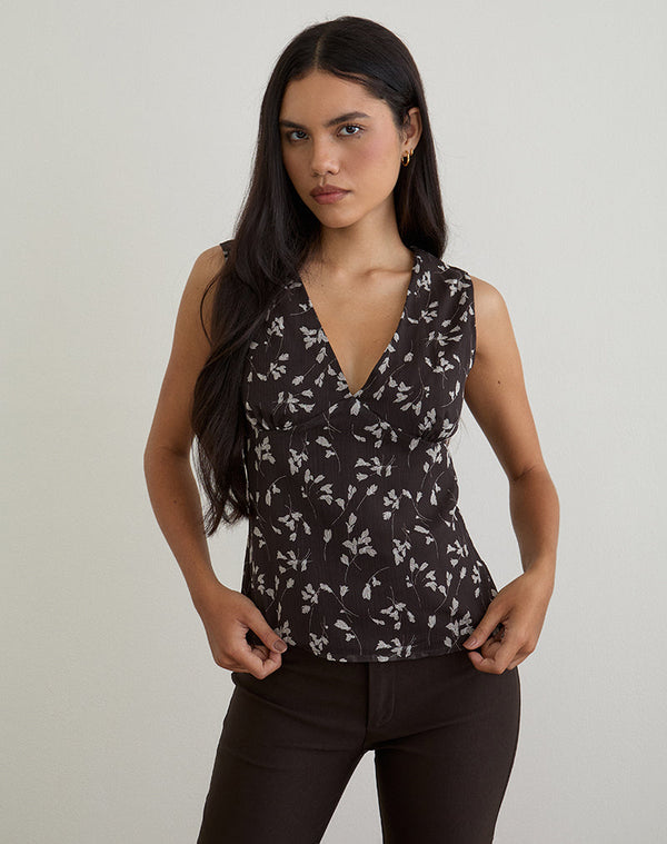 Motel Rocks Asali Top In Flower Chiffon Brown