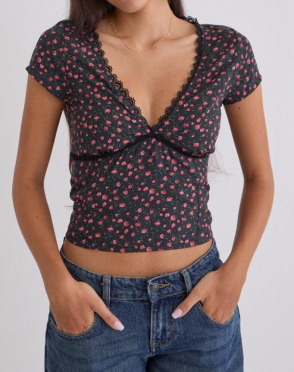 Motel Rocks Asani Top In Dark Pink Rose Black