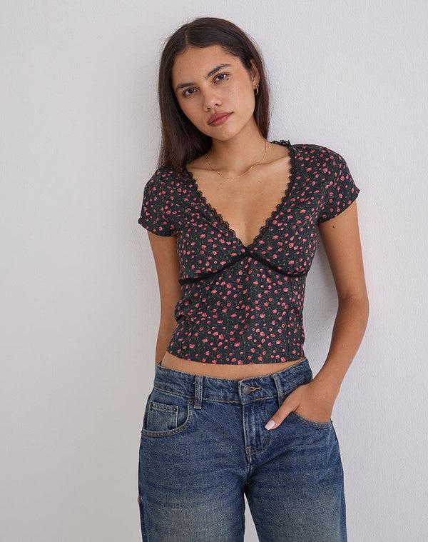 Motel Rocks Asani Top In Dark Pink Rose Black
