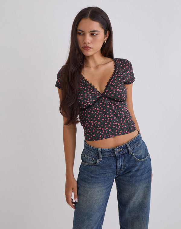 motel rocks Asani Top in Dark Pink Rose Black