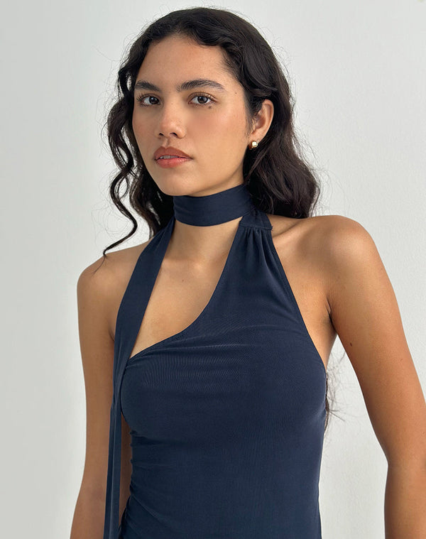 Motel Rocks Aspyn High Neck Tie Top In Cupro Navy
