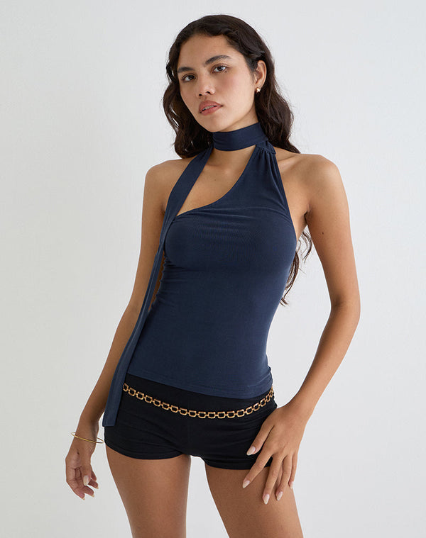 motel rocks Aspyn High Neck Tie Top in Cupro Navy