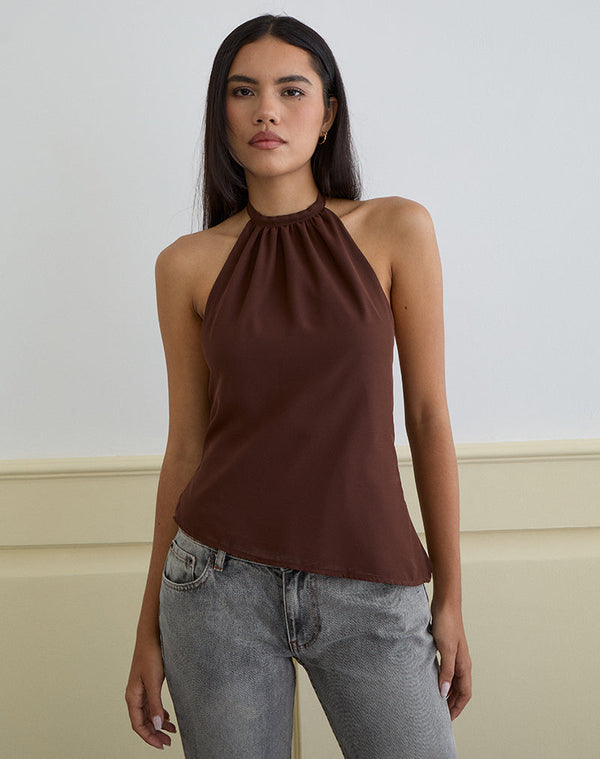 Motel Rocks Astina Halterneck Top In Chiffon Brown