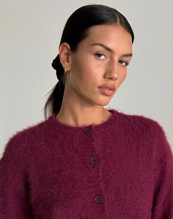 Motel Rocks Audrina Cardigan In Fluffy Burgundy