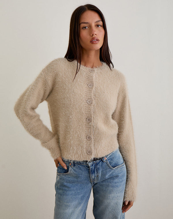 Motel Rocks Audrina Cardigan In Fluffy Knit Beige