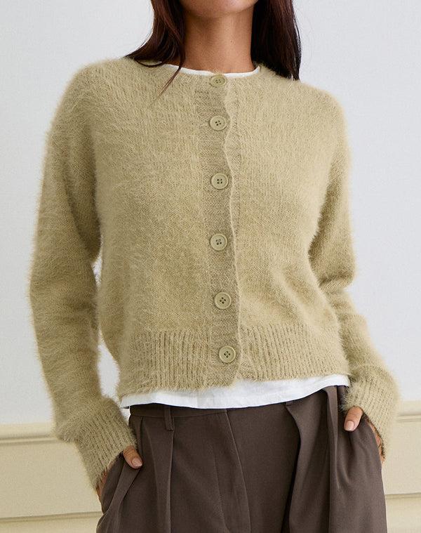 Motel Rocks Audrina Cardigan In Fluffy Knit Sage