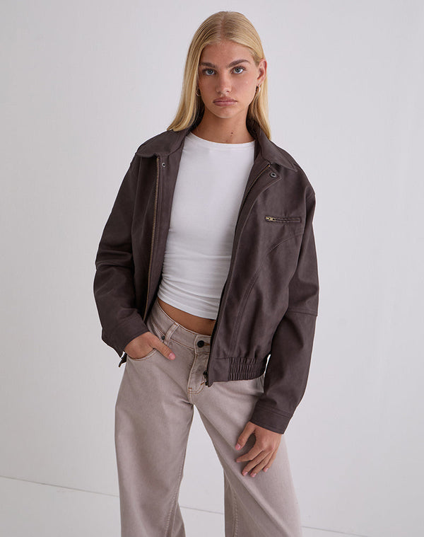 Motel Rocks Aviara Cropped Jacket In PU Dark Brown