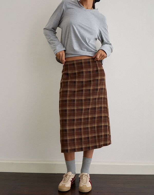 Motel Rocks Badria Midi Skirt In Tartan Brown Red