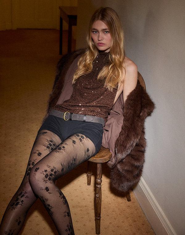 motel rocks Beyi Halter Top in Drape Sequin Brown