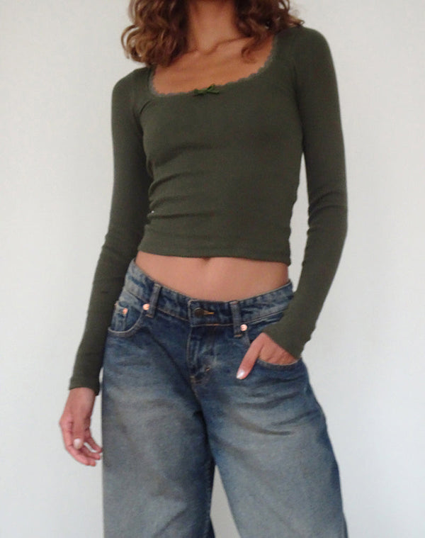 Motel Rocks Bovita Long Sleeve Ribbed Top In Olive