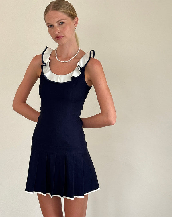 Motel Rocks Busari Frill Neck Mini Dress In Navy