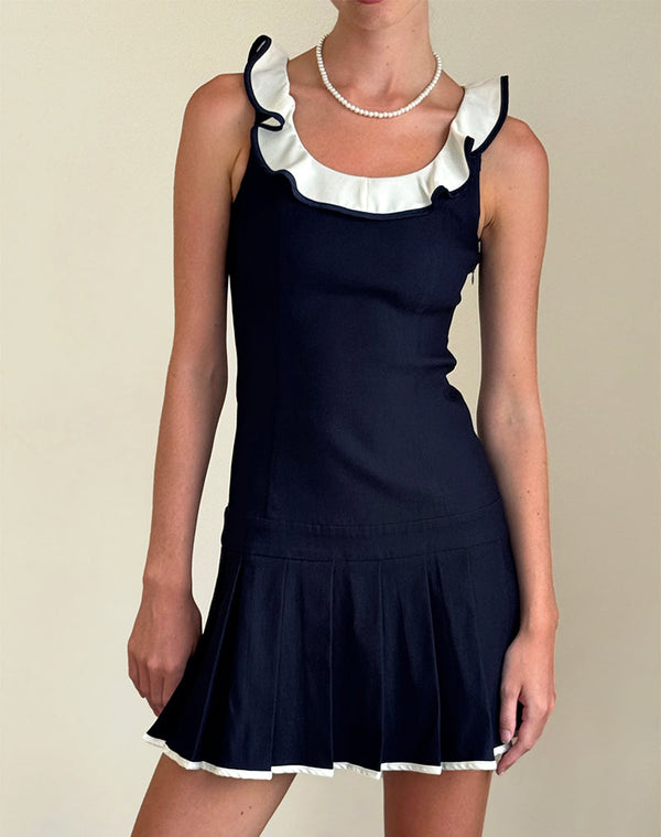 motel rocks Busari Frill Neck Mini Dress in Navy
