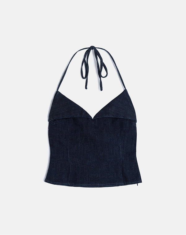 Motel Rocks Caira Chambray Halter Top In Indigo