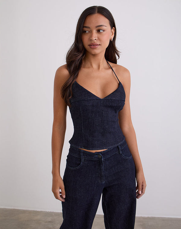 Motel Rocks Caira Chambray Halter Top In Indigo