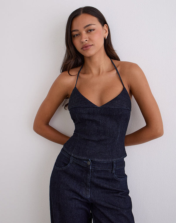 motel rocks Caira Chambray Halter Top in Indigo