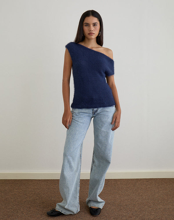 Motel Rocks Calyce Top In Fluffy Knit Navy
