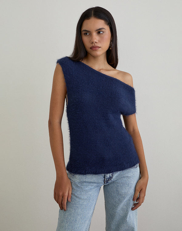 motel rocks Calyce Top in Fluffy Knit Navy