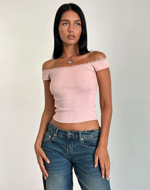 Motel Rocks Chacha Top In Rib Lace Pink Lady