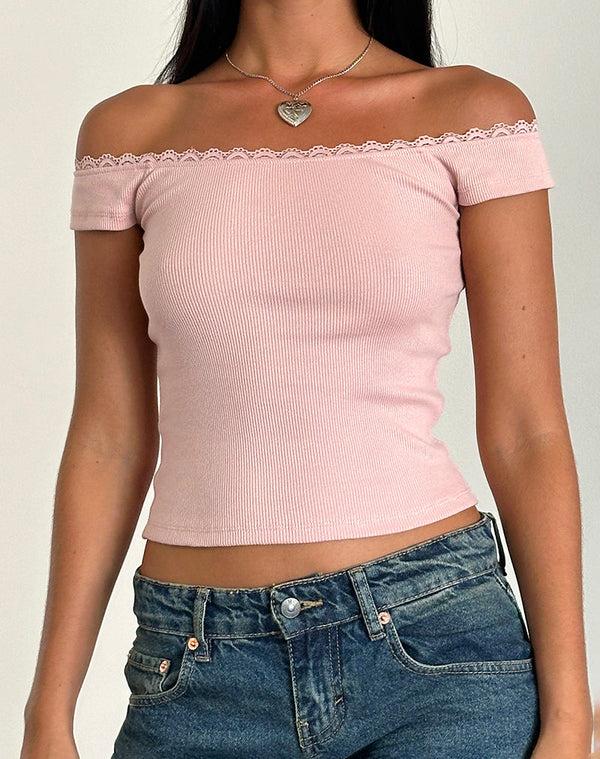 motel rocks Chacha Top in Rib Lace Pink Lady