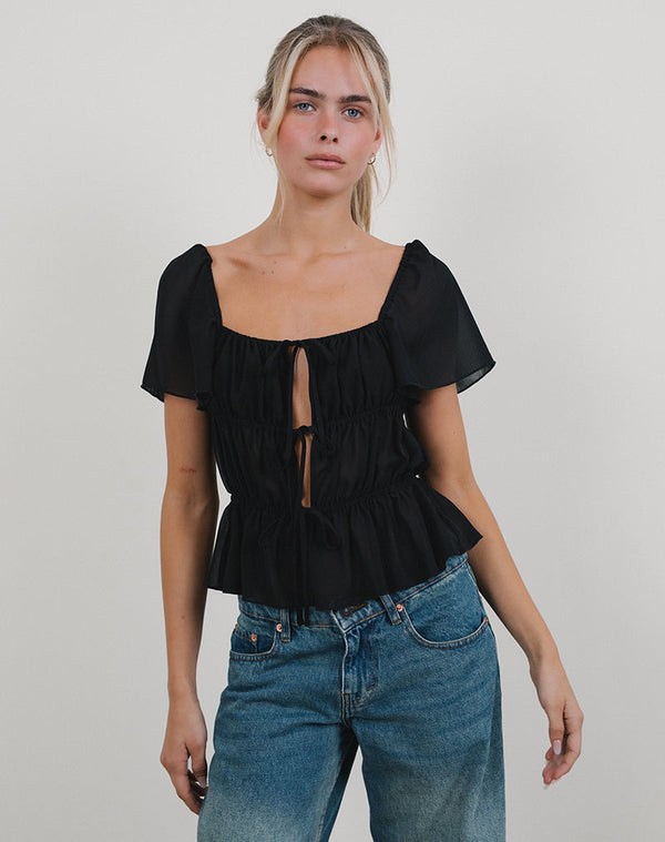 Motel Rocks Cintan Tie Front Top In Black