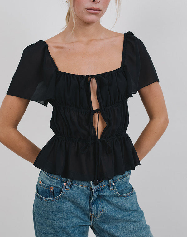 Motel Rocks Cintan Tie Front Top In Black